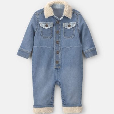 Baby Boy Long-Sleeve Denim Jumpsuit - Light Wash