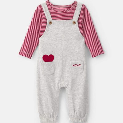 Baby Boy 2-Piece Valentine's Day French Terry Long-Sleeve Overall Set - Red/Grey