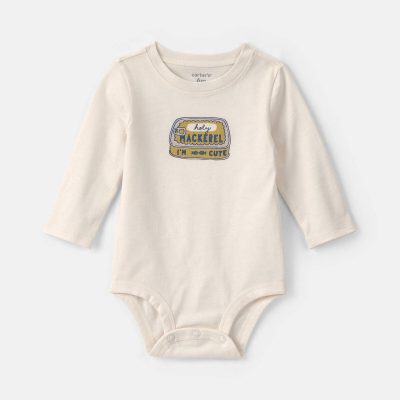 Baby Boy 'Holy Mackerel I'm Cute' Long-Sleeve Graphic Bodysuit - Cream