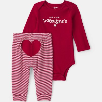 Baby 2-Piece 'My First Valentine's' Long-Sleeve Bodysuit & Pant Set - Red