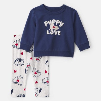 Baby Boy 2-Piece 'Puppy Love' French Terry Long-Sleeve Top & Pant Set - Navy Blue/Grey
