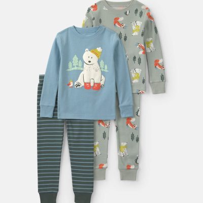 Baby Boy Polar Bear 100% Cotton 4-Piece Pajama Set - Blue/Grey