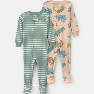 Baby Boy 2-Pack Dinosaur Striped Cotton Snug Fit 1-Piece Pajama - Green/Khaki