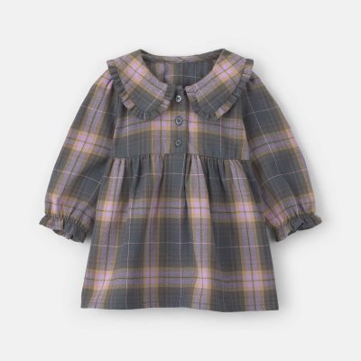 Baby Girl Plaid Peter Pan Collar Long-Sleeve Dress - Grey/Pink