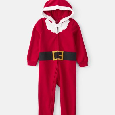 Toddler Santa Fleece Hooded Zip-Up 1-Piece Pajama Jumpsuit - Red