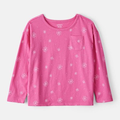 Toddler Girl Snowflake Print Long-Sleeve Pocket Tee - Pink
