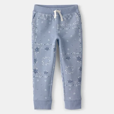 Toddler Girl Floral Drawstring Knit Joggers - Blue