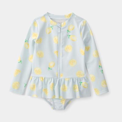 Toddler Girl 1-Piece Lemon Rashguard Swimsuit - Blue