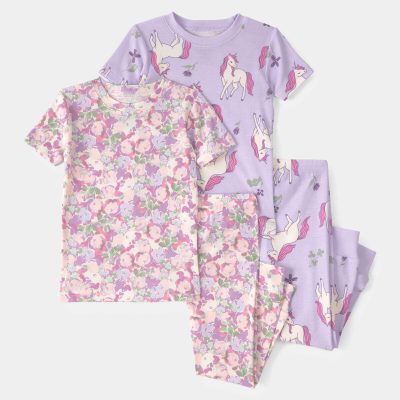 Toddler Girl Unicorn Floral 100% Cotton Snug Fit 4-Piece Pajama Set - Pink/Purple
