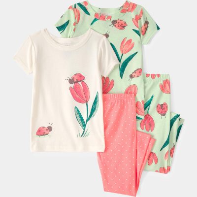 Toddler Girl Ladybug Floral 100% Cotton Snug Fit 4-Piece Pajama Set - Pink/Green