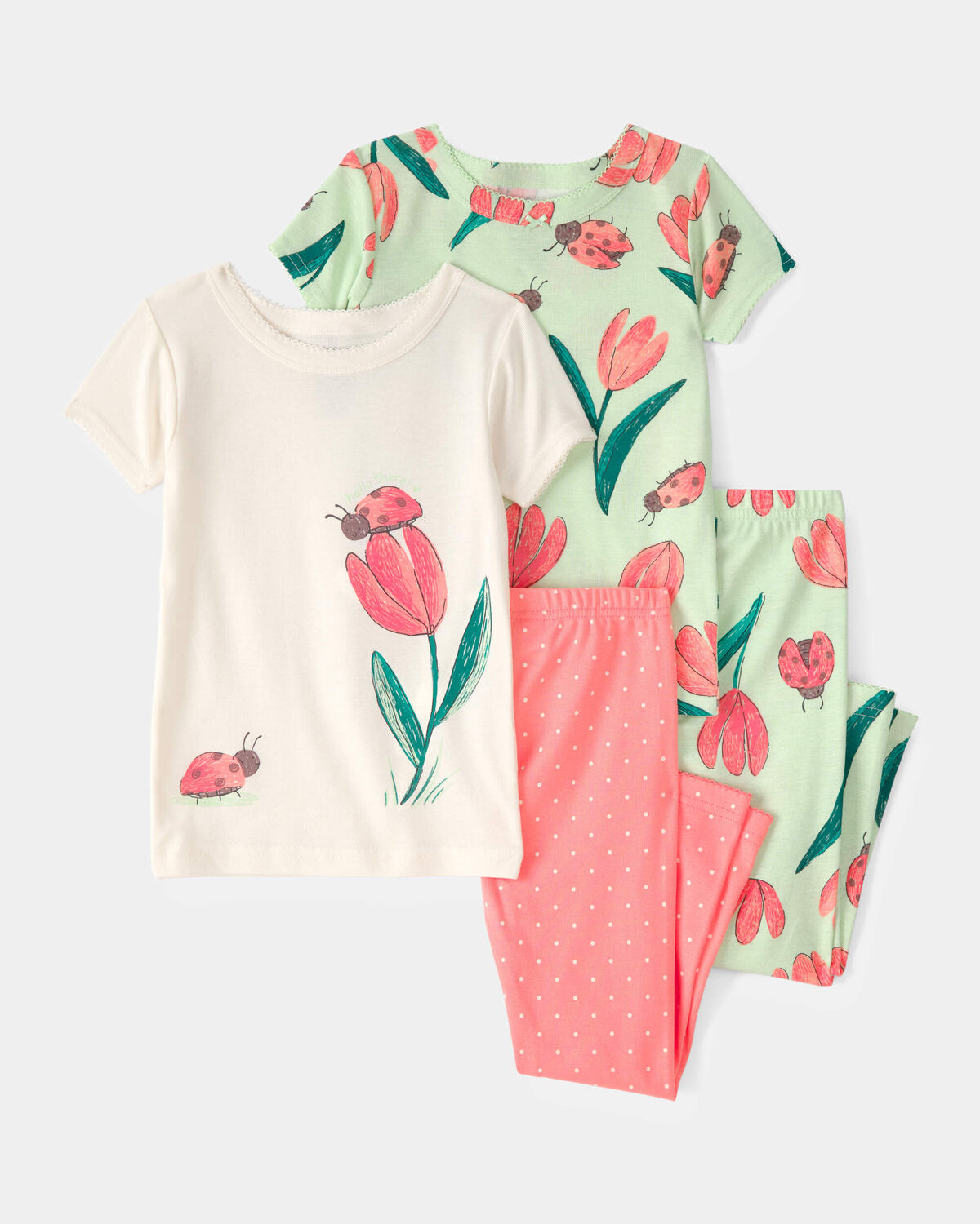 Toddler Girl Ladybug Floral 100% Cotton Snug Fit 4-Piece Pajama Set - Pink/Green