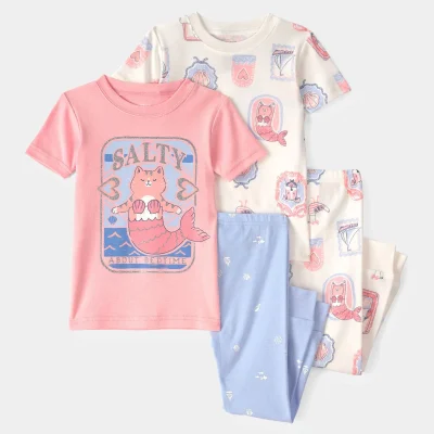 Toddler Girl Mermaid Cat 100% Cotton Snug Fit 4-Piece Pajama Set - Pink/Ivory