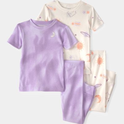 Toddler Girl Space Constellation Tie-Dye 100% Cotton Snug Fit 4-Piece Pajama Set - Purple