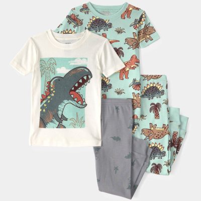 Toddler Boy Dinosaur 100% Cotton Snug Fit 4-Piece Pajama Set - Blue/Grey