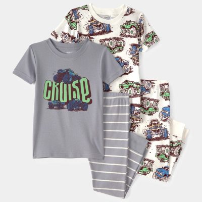 Toddler Boy Monster Truck 100% Cotton Snug Fit 4-Piece Pajama Set - Grey