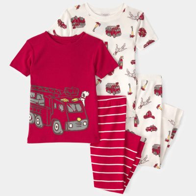 Toddler Boy Firetruck Striped 100% Cotton Snug Fit 4-Piece Pajama Set - Red/White
