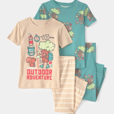 Toddler Boy Tree 100% Cotton Snug Fit 4-Piece Pajama Set - Green/Cream