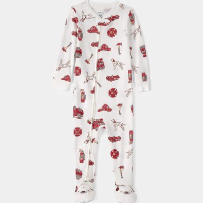 Toddler Boy Firetruck 100% Cotton Snug Fit 1-Piece Pajama - White