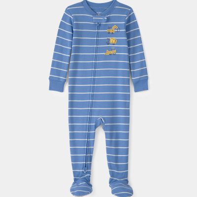 Toddler Boy Construction Striped 100% Cotton Snug Fit 1-Piece Pajama - Blue