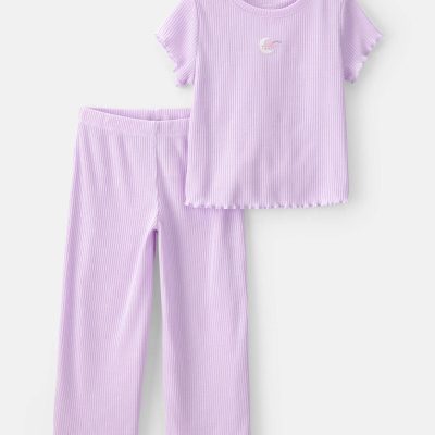 Toddler Girl Moon Rib Loose Fit 2-Piece Pajama Set - Purple