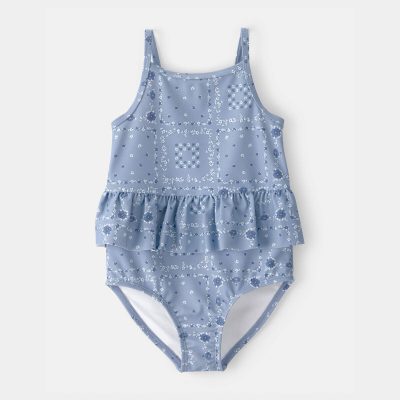 Toddler Girl Bandana Floral 1-Piece Swimsuit - Blue