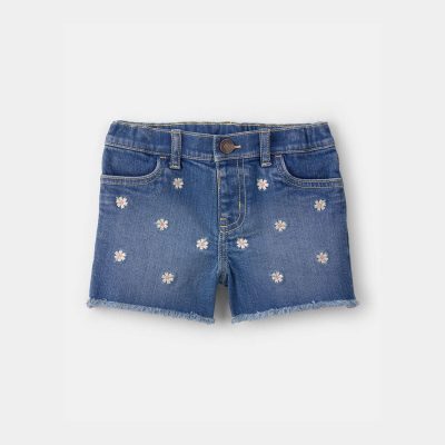 Toddler Girl Daisy Denim Embroidered Shorts - Dark Wash