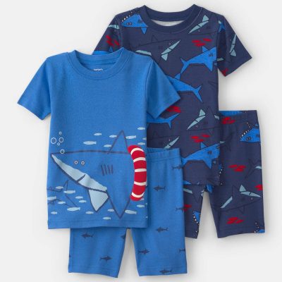Toddler Boy Shark 100% Cotton Short-Sleeve Snug Fit 4-Piece Pajama Set - Blue