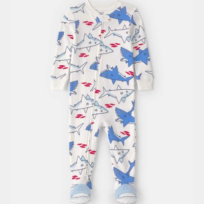 Toddler Boy Shark 100% Cotton Snug Fit 1-Piece Footie Pajama - Ivory