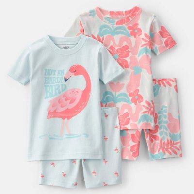Toddler Girl Flamingo 100% Cotton Short-Sleeve Snug Fit 4-Piece Pajama Set - Pink/Blue
