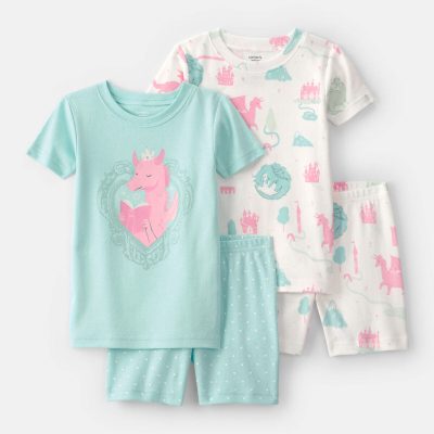 Toddler Girl Fairy Tale Dragon 100% Cotton Short-Sleeve Snug Fit 4-Piece Pajama Set - Blue/Ivory