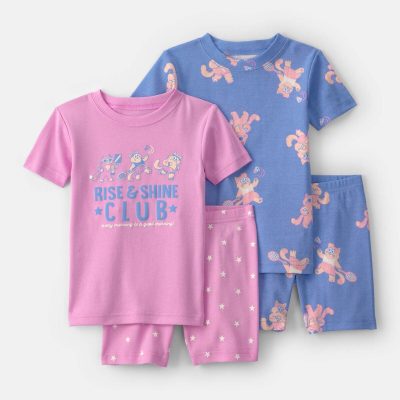 Toddler Girl Cat 100% Cotton Short-Sleeve Snug Fit 4-Piece Pajama Set - Purple/Blue