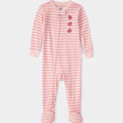 Toddler Girl Ladybug Striped 100% Cotton Snug Fit 1-Piece Pajama - Pink