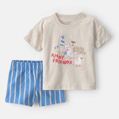 Toddler Boy 2-Piece Seagull Top & Short Set - Brown/Blue