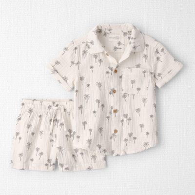 Toddler Boy 2-Piece Organic Cotton Gauze Top & Short Set in Palm Trees