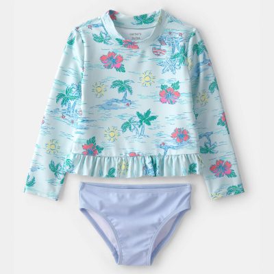 Toddler Girl 2-Piece Tropical Beach Rashguard Swimsuit Set - Blue/Purple