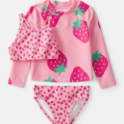 Toddler Girl 3-Piece Strawberry Rashguard Swimsuit Set - Pink