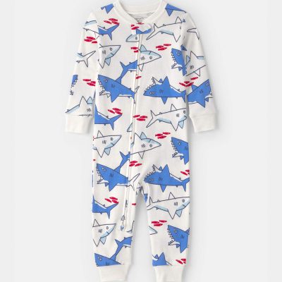 Toddler Boy Shark 100% Cotton Snug Fit 1-Piece Pajama - Ivory