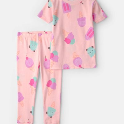 Toddler Girl Ice Cream 100% Cotton Short-Sleeve Snug Fit 2-Piece Pajama Set - Pink