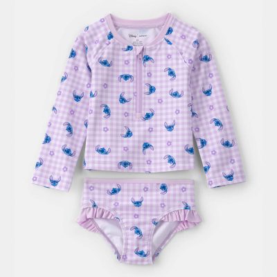 Toddler Girl 2-Piece Disney© Lilo & Stitch Gingham Long-Sleeve Rashguard Swimsuit Set - Purple