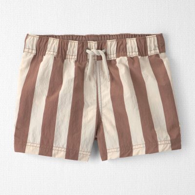 Toddler Boy Recycled Swim Trunks in Brown Stripes