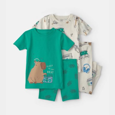 Toddler Boy Capybara 100% Cotton 4-Piece Pajama Set - Green/Ivory