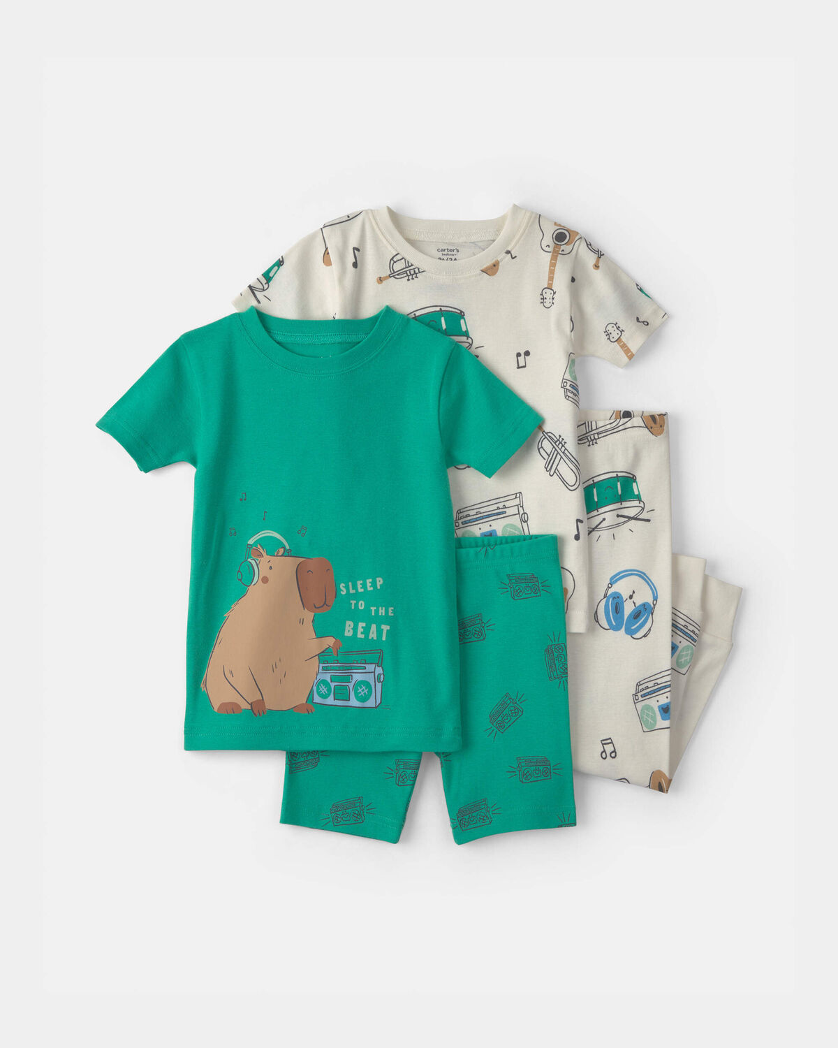 Toddler Boy Capybara 100% Cotton 4-Piece Pajama Set - Green/Ivory