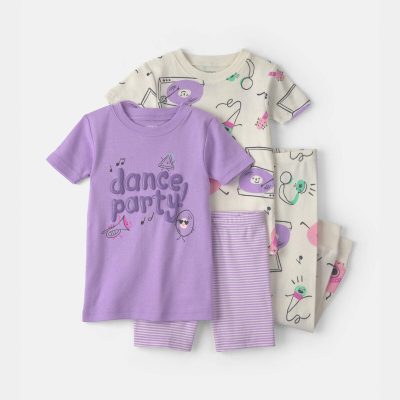 Toddler Girl Dance Party 100% Cotton 4-Piece Pajama Set - Purple/Ivory