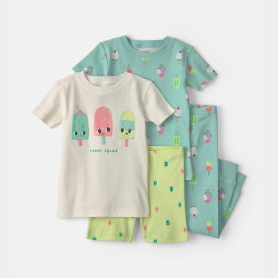 Toddler Girl 'Sweet Squad' Popsicle 100% Cotton 4-Piece Pajama Set - Blue/Green