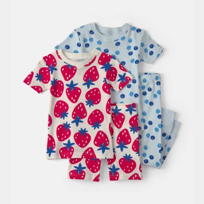 Toddler Girl Berries 100% Cotton 4-Piece Pajama Set - Red/Blue