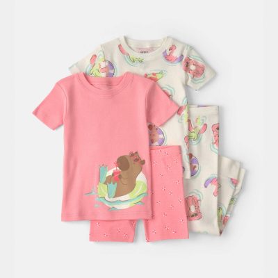 Toddler Girl Pool Party 100% Cotton 4-Piece Pajama Set - Pink/Ivory