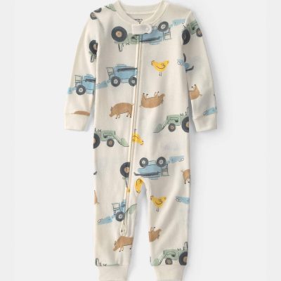 Toddler Boy Farm 100% Cotton 1-Piece Pajama - Cream