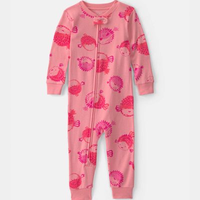 Toddler Girl Pufferfish 100% Cotton 1-Piece Pajama - Coral