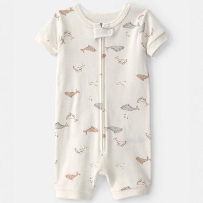 Toddler Whale 100% Cotton 1-Piece Romper Pajama - Ivory