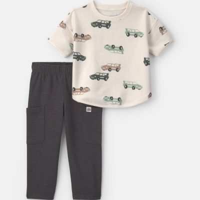 Toddler Boy 2-Piece Car French Terry Short-Sleeve Top & Pant Set - Cream/Grey
